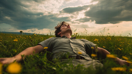 Naklejka na ściany i meble Close up top view of serene, relaxed young man lying down on grass with eyes closed. Wellbeing and lifestyle concept.