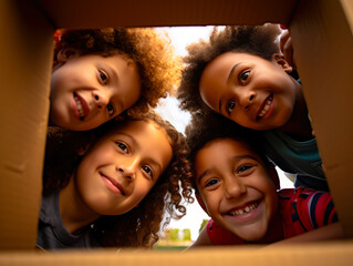 Multi racial Group of curious kids looking inside box - Powered by Adobe
