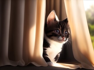 black and white colors mixed  kitten peeking out from behind the curtain,Respect Your Cat Day and National Love Your Pet Day concepts,cat