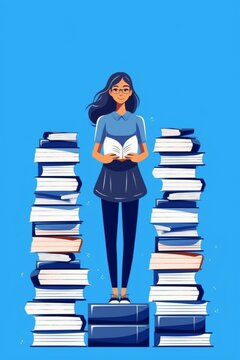 A schoolgirl. A girl with a pile of books in her hands. Learning at school. High quality photo, Generated by AI