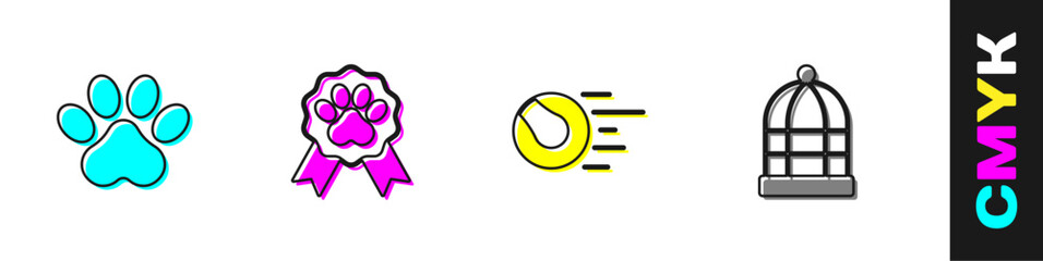 Set Paw print, Pet award symbol, toys ball and Cage for birds icon. Vector