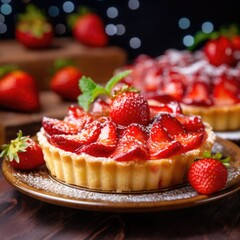 Strawberry tart on a wooden plate with sugar and mint leaves, AI