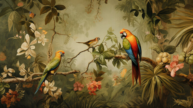 fantasy jungle parrots vintage