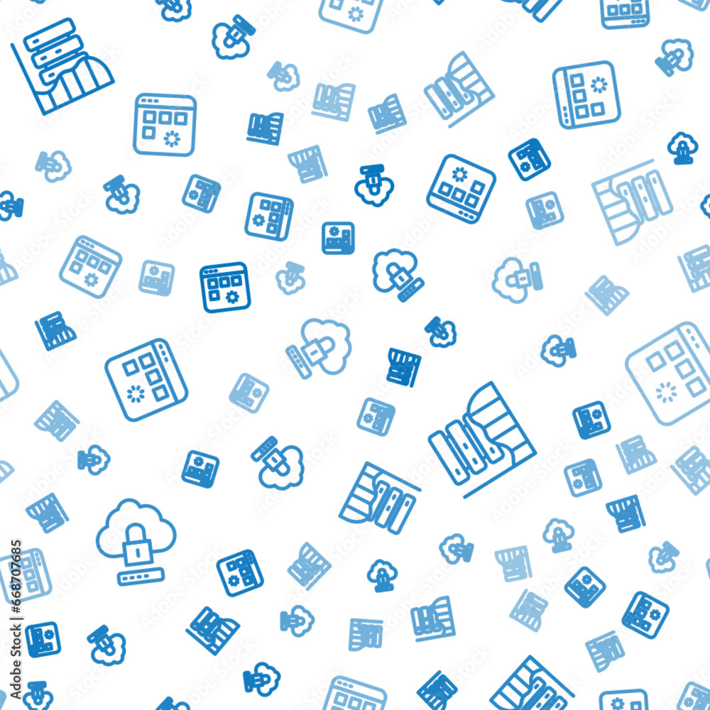 Poster set line cloud computing lock, server, data, web hosting and loading data window on seamless pattern