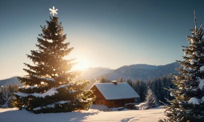 Decorated Christmas tree in the snow. Sunny winter New Year's Eve landscape