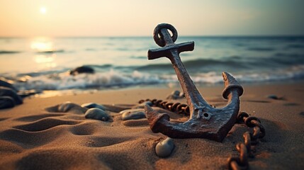 An anchor on the beach at sunset, AI