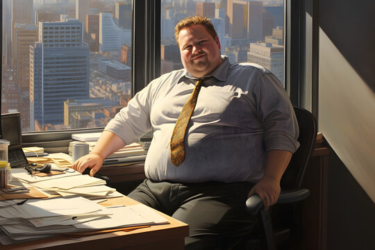 Plus-size CEO man sitting at his work place. Neural network generated photorealistic image. Not based on any actual person or scene.