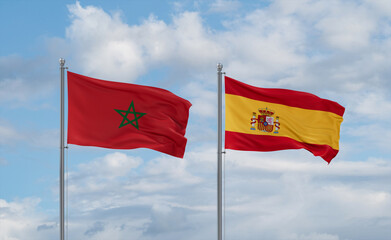 Spain and Morocco flags, country relationship concept