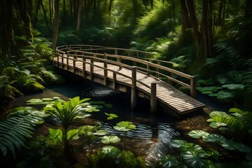 A wooden footbridge crossing a small forest stream, framed by lush vegetation and the sounds of nature all around