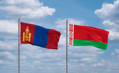 Belarus and Mongolia flags, country relationship concept