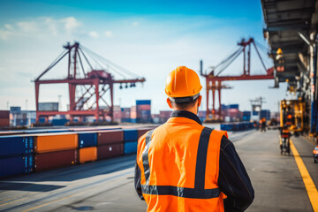 Worker in container port terminal. Worker in protective helmet and reflective vest walking through big storage and shipping port.