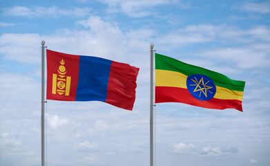 Ethiopia and Mongolia flags, country relationship concept
