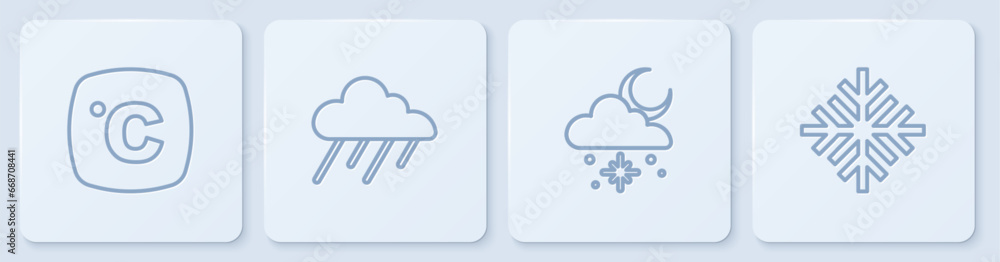 Poster set line celsius, cloud with snow and sun, rain and snowflake. white square button. vector