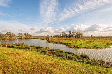 Fototapeta na wymiar View over the Dutch Biesbosch National Park on a beautiful day in the autumn season. In the foreground is a wide creek. The photo was taken from on top of the dike along the nature reserve.