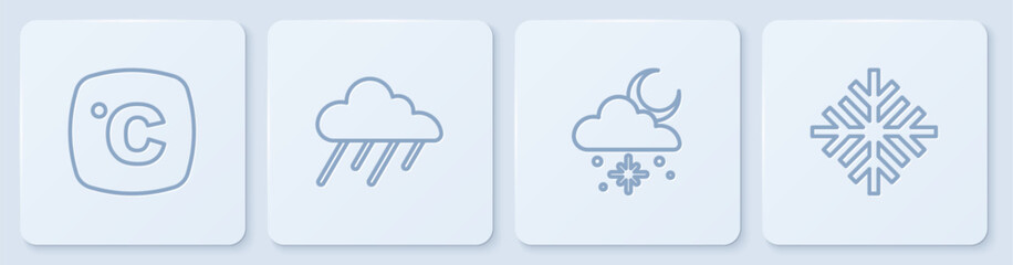 Set line Celsius, Cloud with snow and sun, rain and Snowflake. White square button. Vector