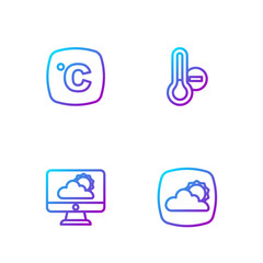 Set line Weather forecast, , Celsius and Meteorology thermometer. Gradient color icons. Vector