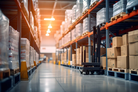 Lagerhalle mit Hochregalen und diversen Kartons, Logistik, Fracht und Versandsystem, erstellt mit generativer KI