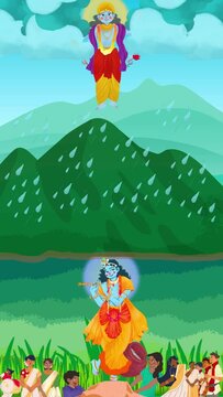 A vertical social media animation short video reel of Lord Krishna helping people from heavy rainfall by holding up the mountain, which was called Goverdhan