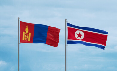 North Korea and Mongolia flags, country relationship concept