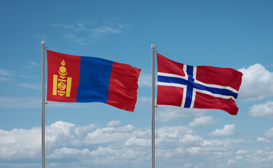 Norway and Mongolia flags, country relationship concept