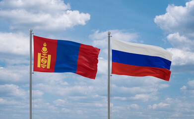 Russia and Mongolia flags, country relationship concept