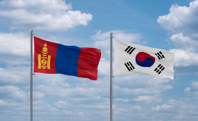South Korea and Mongolia flags, country relationship concept