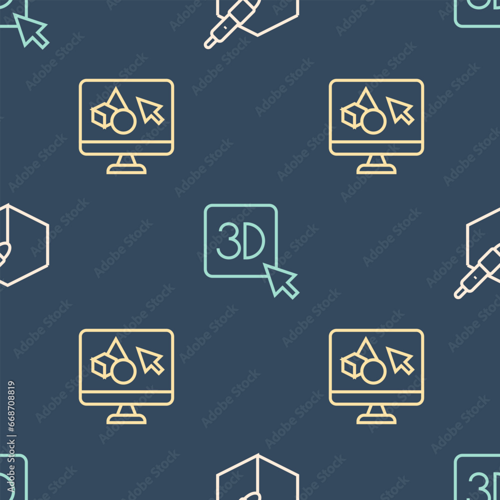 Poster set line 3d pen tool, 3d printer software and on seamless pattern. vector