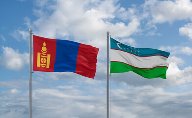 Uzbekistan and Mongolia flags, country relationship concept