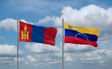 Venezuela and Mongolia flags, country relationship concept