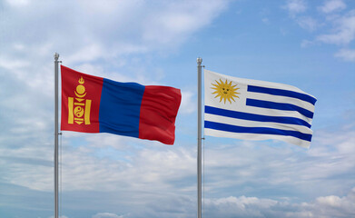 Uruguay and Mongolia flags, country relationship concept