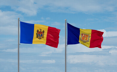 Moldova and Andorra national flags, country relationship concept