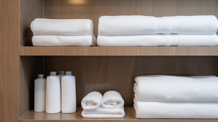 White towels neatly organized in a hotel bathroom