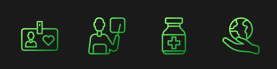 Fototapeta premium Set line Medicine bottle and pills, Volunteer id card or badge, Teacher and Hand holding Earth globe. Gradient color icons. Vector