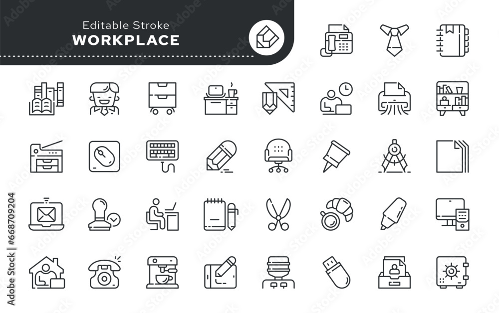 Aufkleber office workplace icon in outline linear style. worker icon, office items, equipment and tools. vecto