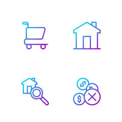 Set line No money, Search house, Shopping cart and Real estate. Gradient color icons. Vector