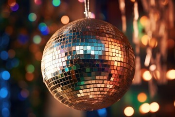 Fototapeta na wymiar close up shiny disco ball on blurred light background, event on new year party celebration