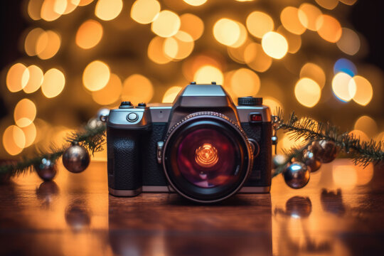 close up photo camera on wooden table with christmas decorations, photograph an unforgettable moment or event, concept