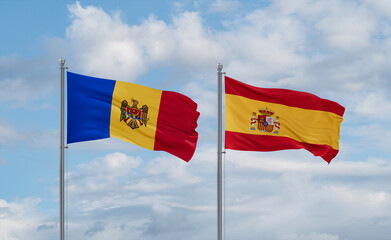 Spain and Moldova flags, country relationship concept