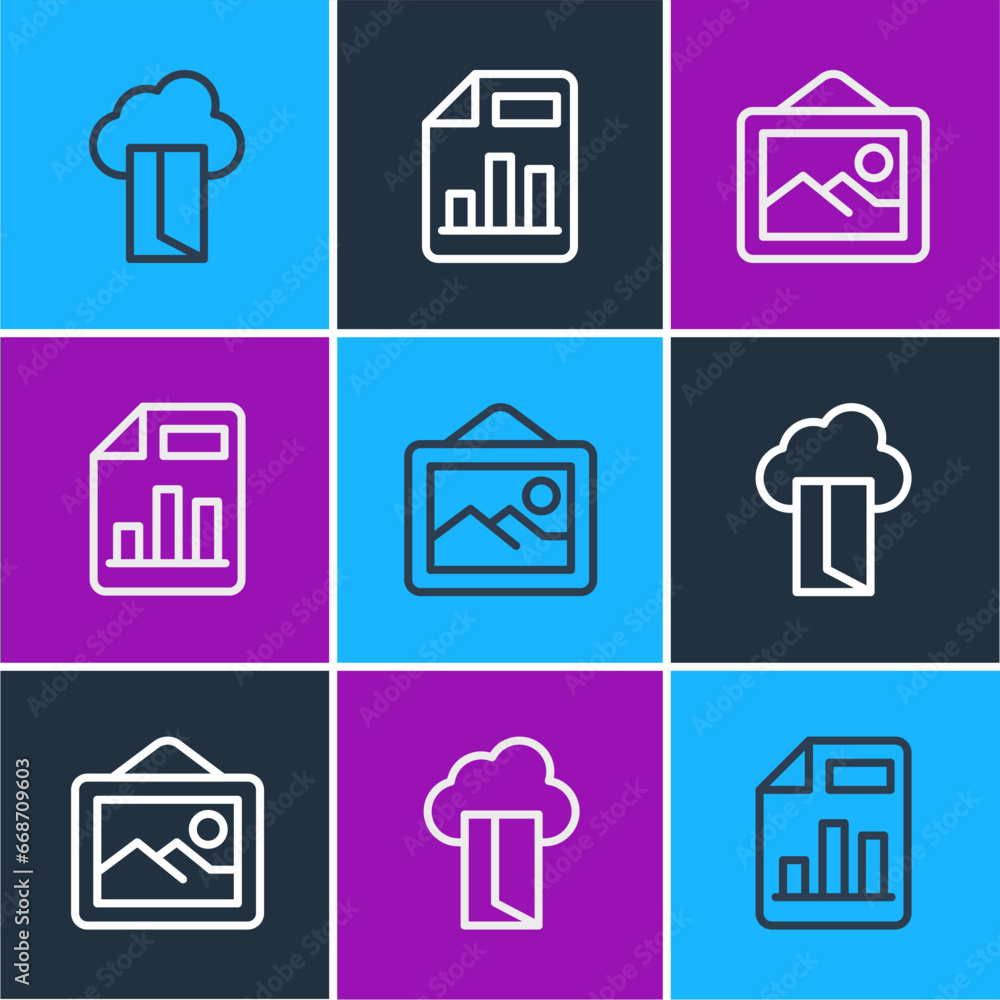 Poster set line cloud database, picture landscape and document with graph chart icon. vector