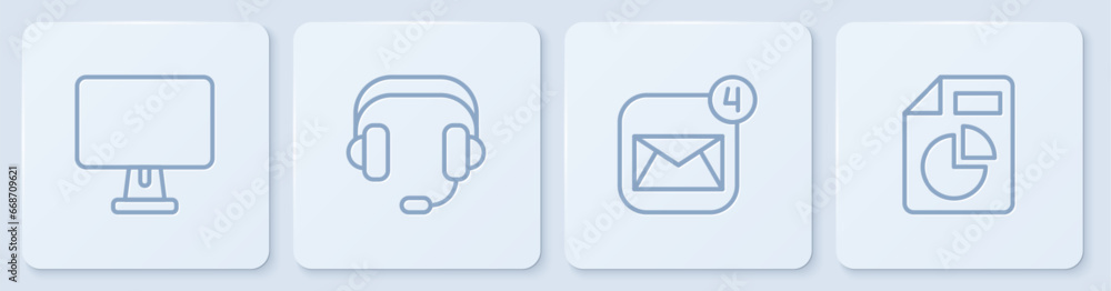Poster set line computer monitor, envelope, headphones and document with graph chart. white square button. 