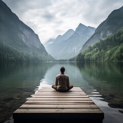 A person sitting in meditation by the water