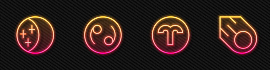 Set line Aries zodiac, Eclipse of the sun, Cancer and Comet. Glowing neon icon. Vector