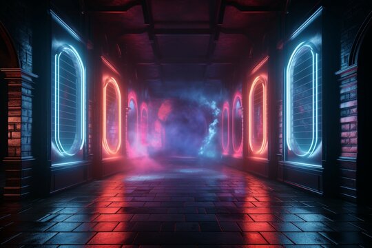 A 3D rendering exhibits a dark room adorned with mesmerizing neon lights
