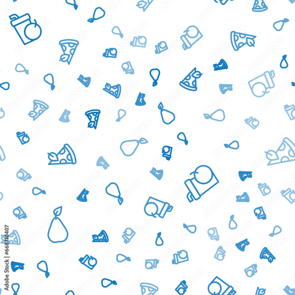 Aufkleber set line pear, fresh smoothie and vegan pizza slice on seamless pattern. vector