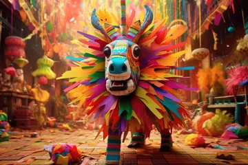 Fotobehang close up piñata donkey on blurred background, mexican party event celebraton concept © gankevstock