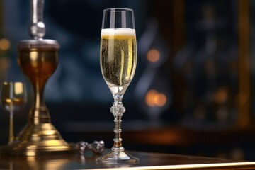 close up champagne glass on blurred lights background, new year or event celebration