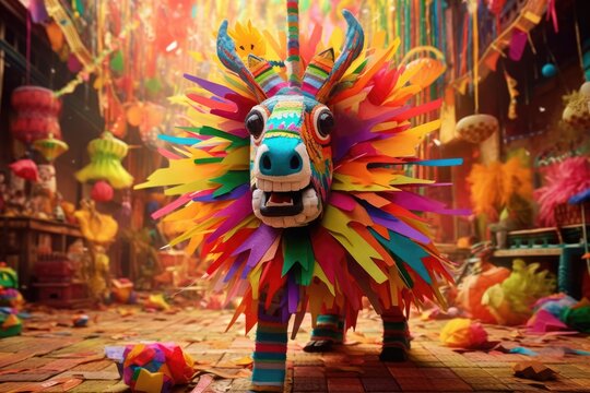 close up piñata donkey on blurred background, mexican party event celebraton concept