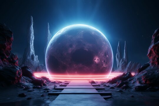 3D rendering features a moon like planet illuminated by captivating neon lights