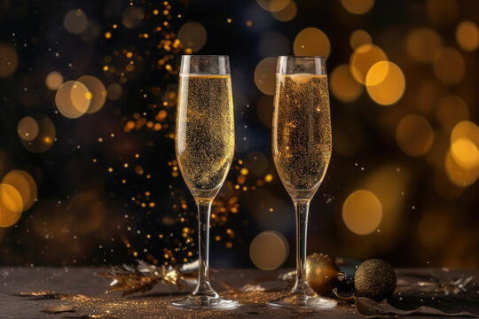 close up champagne glasses on blurred lights background, new year or event celebration
