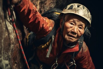 Fototapeta premium Asian Elderly Alpinist Bouldering Setting Generative AI